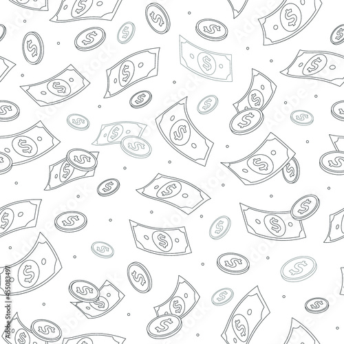 Vector dollar thin line pattern with simple shapes of money isolated on white. Seamless finance texture background