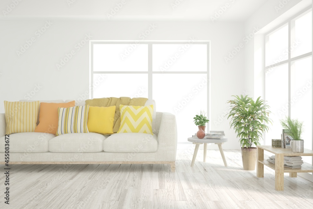 Fototapeta premium White living room with sofa. Scandinavian interior design. 3D illustration