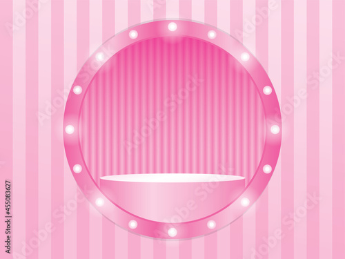 light bulb circle window display frame with product stand on pastel pink striped wall 3d illustration vector for putting your object