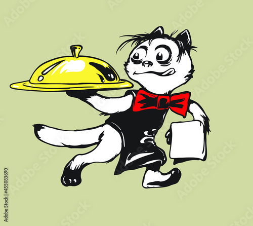 Cat the waiter bears the order and licks lips from tasty smells.