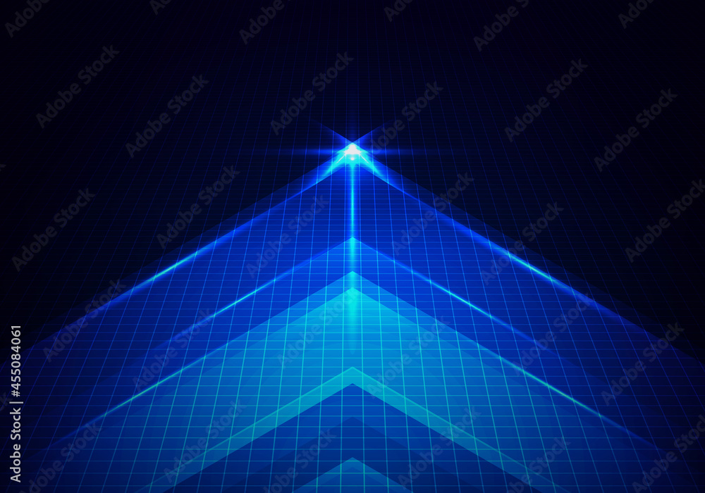 Abstract technology glowing blue arrow forward with lighting and line grid on blue background Abstract technology glowing blue arrow forward with lighting and line grid on blue background