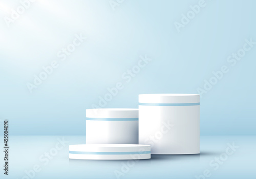 3D realistic white cylinder pedestal on blue studio room background