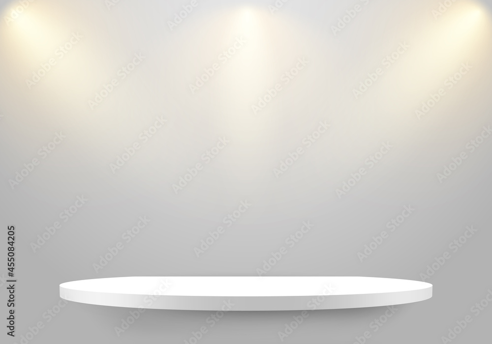 3D empty white shelf on clean wallpaper background with lighting spotlight 3D empty white shelf on clean wallpaper background with lighting spotlight