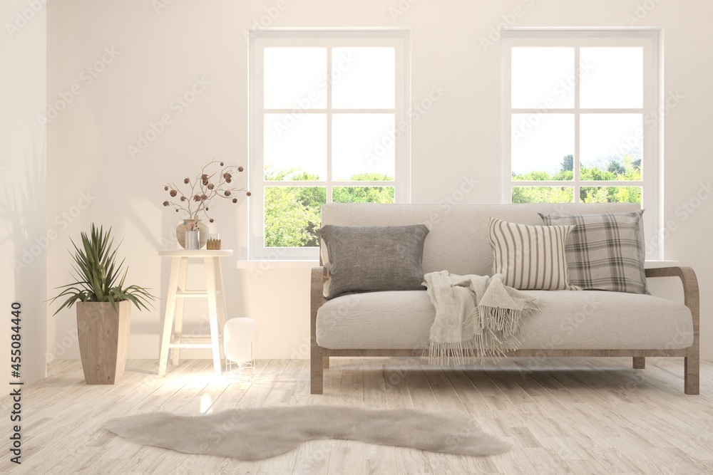 Modern living room in white color with sofa. Scandinavian interior design. 3D illustration Modern living room in white color with sofa. Scandinavian interior design. 3D illustration