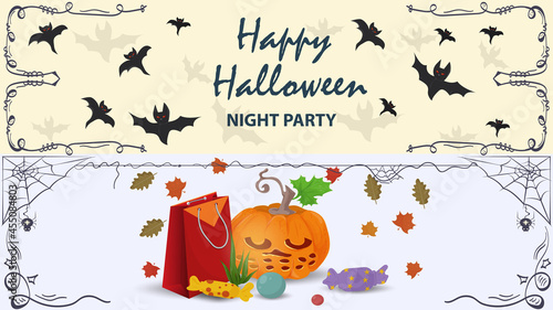 bats and a pumpkin with sweets illustration for the design of the Halloween holiday