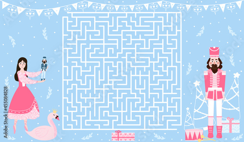 Labyrinth for christmas activity book for kids with ballerina and nutcracker on blue background, printable worksheet with maze, find right way game