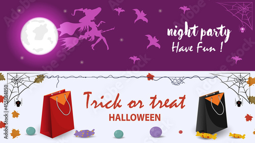 The witch is flying on a broomstick shopping bags illustration for the design of the Halloween holiday