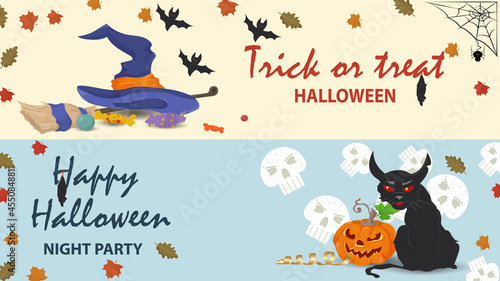 Cat and Pumpkin Witch Hat and Broomstick illustration for Halloween holiday design