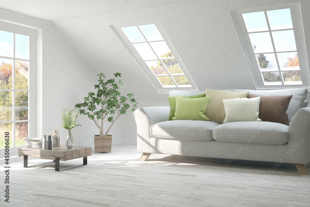 Stylish room in white color with sofa and autumn landscape in window. Scandinavian interior design. 3D illustration Stylish room in white color with sofa and autumn landscape in window. Scandinavian interior design. 3D illustration