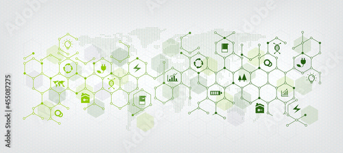 sustainable business or green business vector illustration background With the concept of connected icons related to environmental protection and sustainability. with hexagonal geometry
