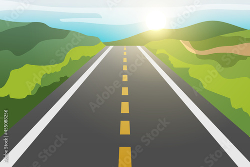 Asphalt road in countryside with forests at sunset. vector illustration