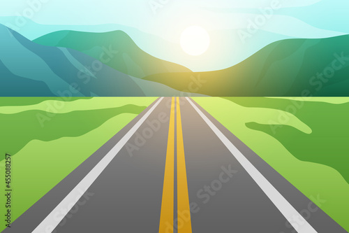 Asphalt road with fields and mountains with sunset. vector illustration