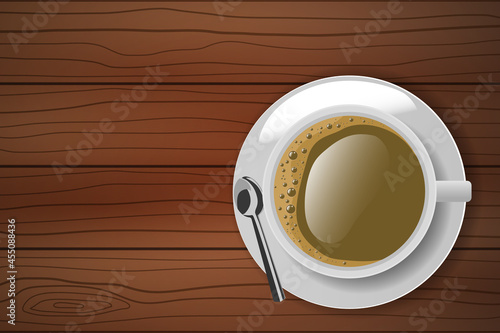 Top view of white coffee cup with plate and spoon on wooden table. vector illustration