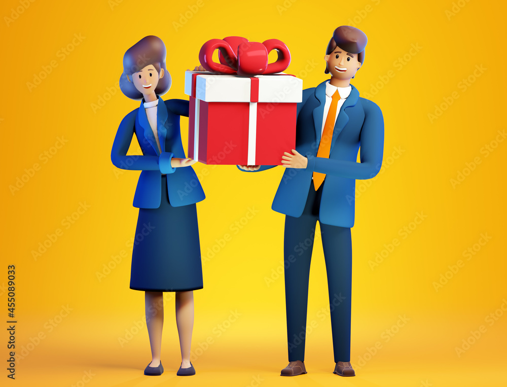3D rendering illustration. Business people holding big present box, gift. Christmas, celebration idea 3D rendering illustration. Business people holding big present box, gift. Christmas, celebration idea