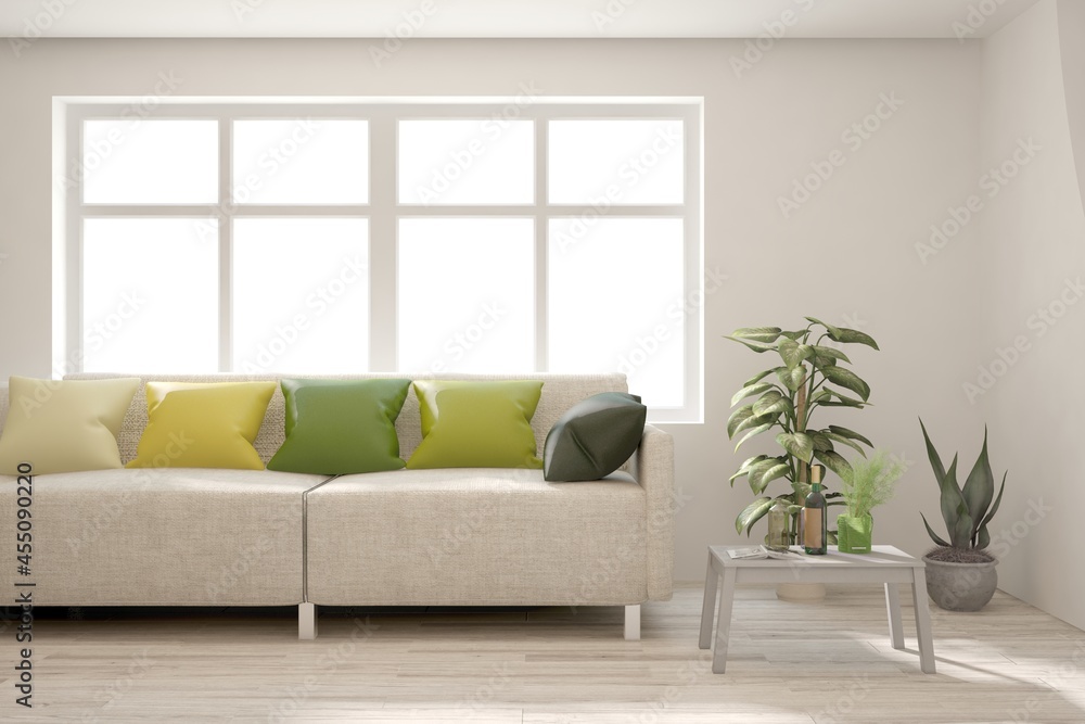 White living room with sofa. Scandinavian interior design. 3D illustration White living room with sofa. Scandinavian interior design. 3D illustration
