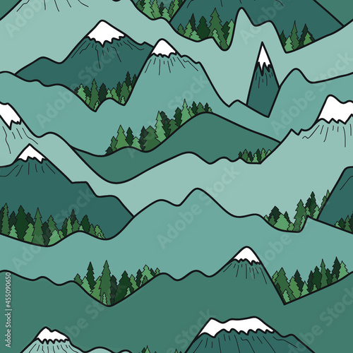 Seamless vector pattern with trees and mountains