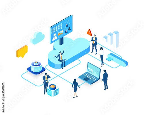 Isometric environment design with  business people working in Server Room.  People trying to find solution, competition, constant improvement. Solving problems, improving working progress