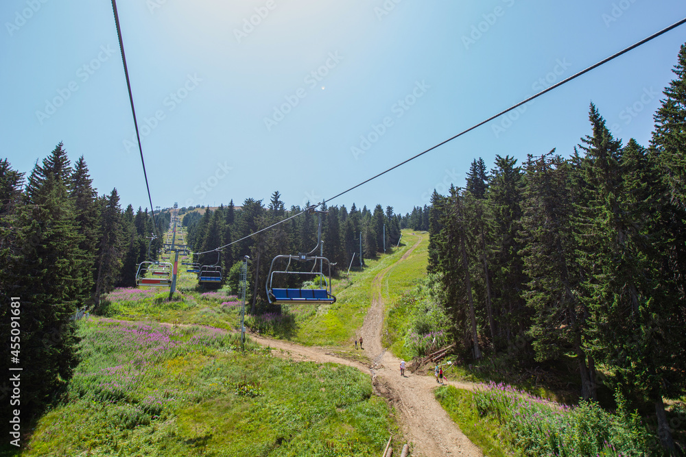 Chair lift , summer panoramic sightseeing, view of mountain Kopaonik, Serbia.