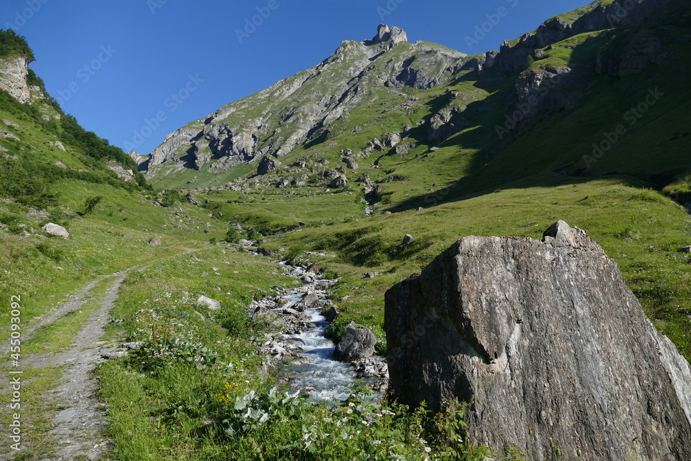 Randonnée le long du cours d'eau Le Charbonnet dans les Alpes