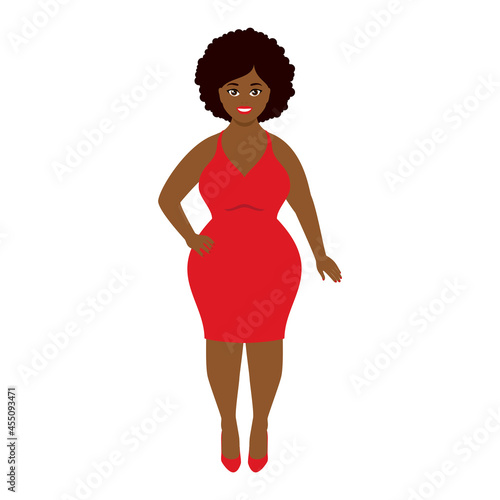 Beautiful african american curvy woman in red dress icon vector. Pretty young overweight black ethnic woman vector. Plus size fashion model female vector. Happy body positive african girl icon