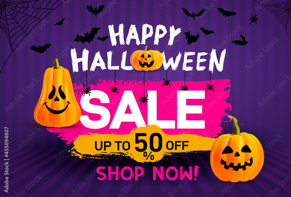 Halloween Sale concept banners. 2021 Flyer with Halloween pumpkins ghost. Scary Halloween bats and sale. Design invitation template, brochures, poster, banner. Vector illustration. Isolated background