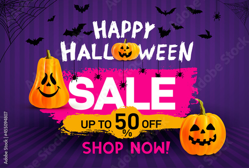 Halloween Sale concept banners. 2021 Flyer with Halloween pumpkins ghost. Scary Halloween bats and sale. Design invitation template  brochures  poster  banner. Vector illustration. Isolated background
