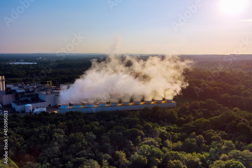 Air pollution in working thermal power station with smoke
