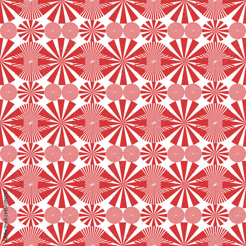 Seamless abstract graphic of red triangles concatenated into spheres that are stacked ,overlapping,repeat on white background. Vector design creative for fabric, wrapping, textile, wallpaper, apparel 