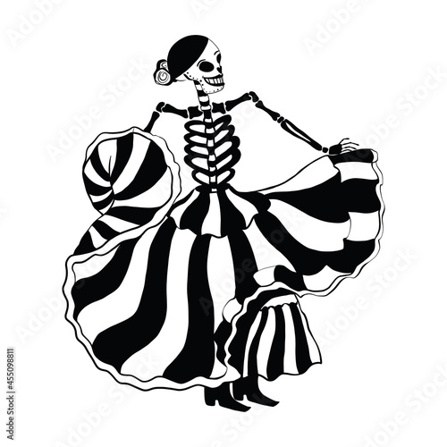 Dancing female skeleton character in traditional mexican dress, day of the dead. Holiday Vector illustration hand-drawn cartoon style.   