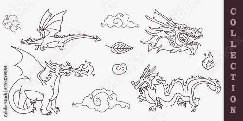 Mythical dragon digital motif collection. Vector illustration of fairy tale beast in set for cartoon fantasy creature clipart. 