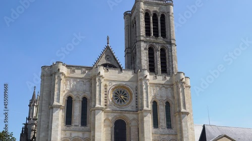 Tilt over the Basilica of Saint-Denis, 5 km of Paris, France. The royal abbey of Saint-Denis was the burial place of kings and queens of France.