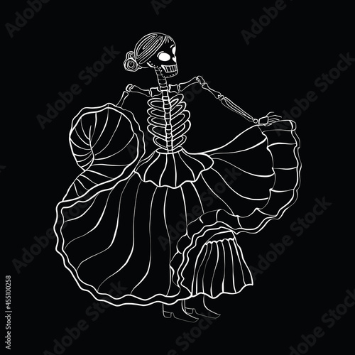 Skeleton of a woman Mexican dance, hand-drawn white outline drawing on a black background, coloring. Illustration for the day of the dead. Halloween holiday, Dia de los Muertos 
