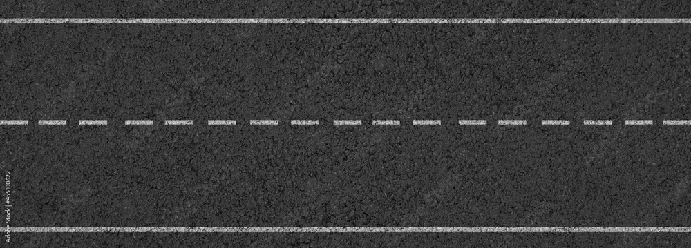 Empty highway black asphalt road and white dividing lines, Top view
