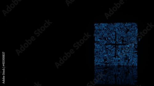 3d rendering mechanical parts in shape of plus symbol isolated on black background with floor reflection