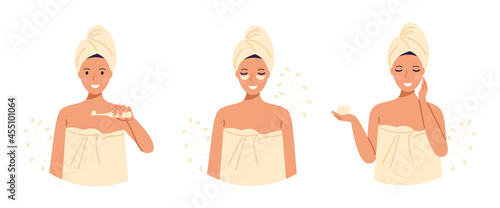 Obraz na plátně A set of a woman in a towel and a turban after taking a bath takes care of herself, brushes her teeth, applies cream and patches
