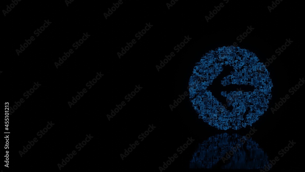 3d rendering mechanical parts in shape of symbol of left arrow in circle isolated on black background with floor reflection 3d rendering mechanical parts in shape of symbol of left arrow in circle isolated on black background with floor reflection