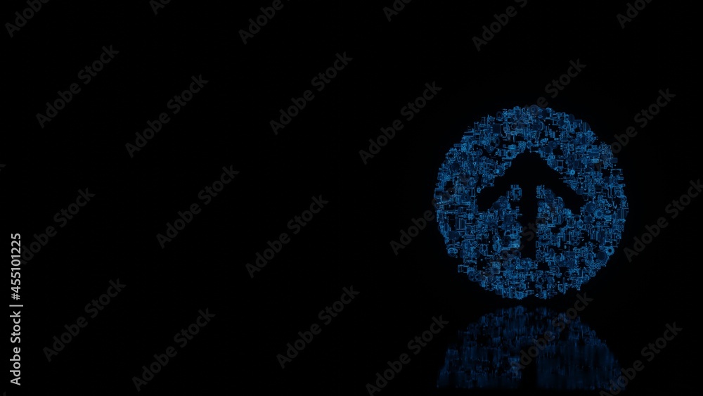 3d rendering mechanical parts in shape of symbol of up arrow in circle isolated on black background with floor reflection 3d rendering mechanical parts in shape of symbol of up arrow in circle isolated on black background with floor reflection
