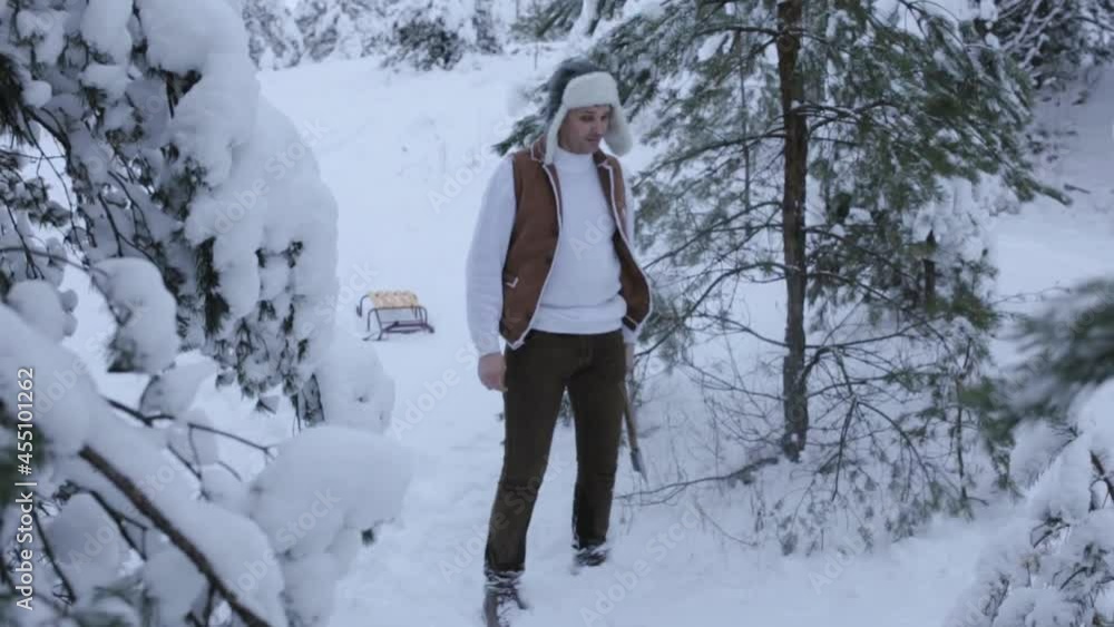 Male woodcutter hitting tree with ax for snow falling in winter forest Male woodcutter hitting tree with ax for snow falling in winter forest