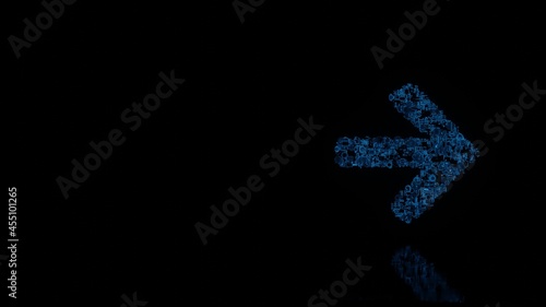 3d rendering mechanical parts in shape of symbol of arrow right isolated on black background with floor reflection