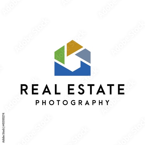 A modern, clean and geometric logo about a home or real estate and a photography icon.
EPS 10, Vector.