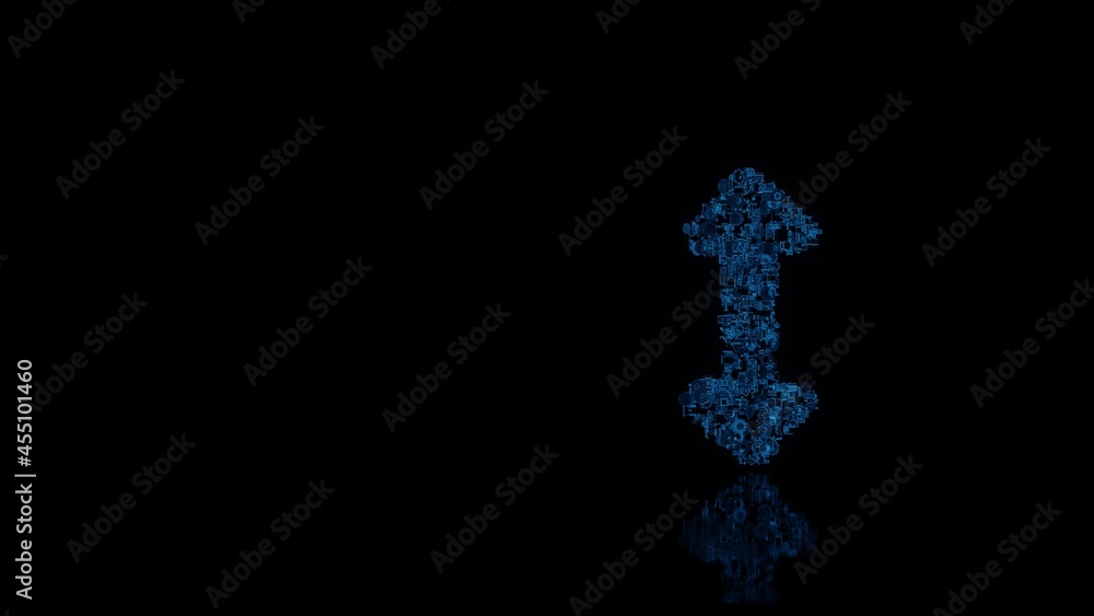 3d rendering mechanical parts in shape of symbol of double vertical arrow isolated on black background with floor reflection 3d rendering mechanical parts in shape of symbol of double vertical arrow isolated on black background with floor reflection