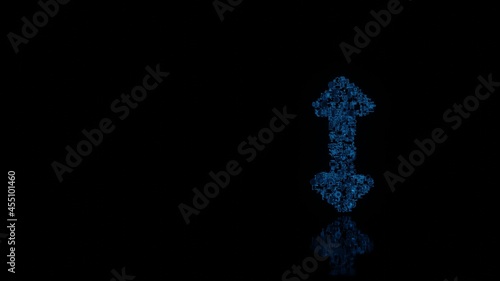 3d rendering mechanical parts in shape of symbol of double vertical arrow isolated on black background with floor reflection