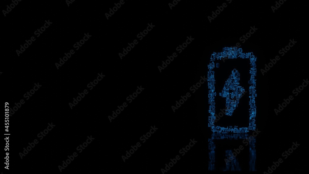 3d rendering mechanical parts in shape of vertical symbol of charging empty battery isolated on black background with floor reflection 3d rendering mechanical parts in shape of vertical symbol of charging empty battery isolated on black background with floor reflection