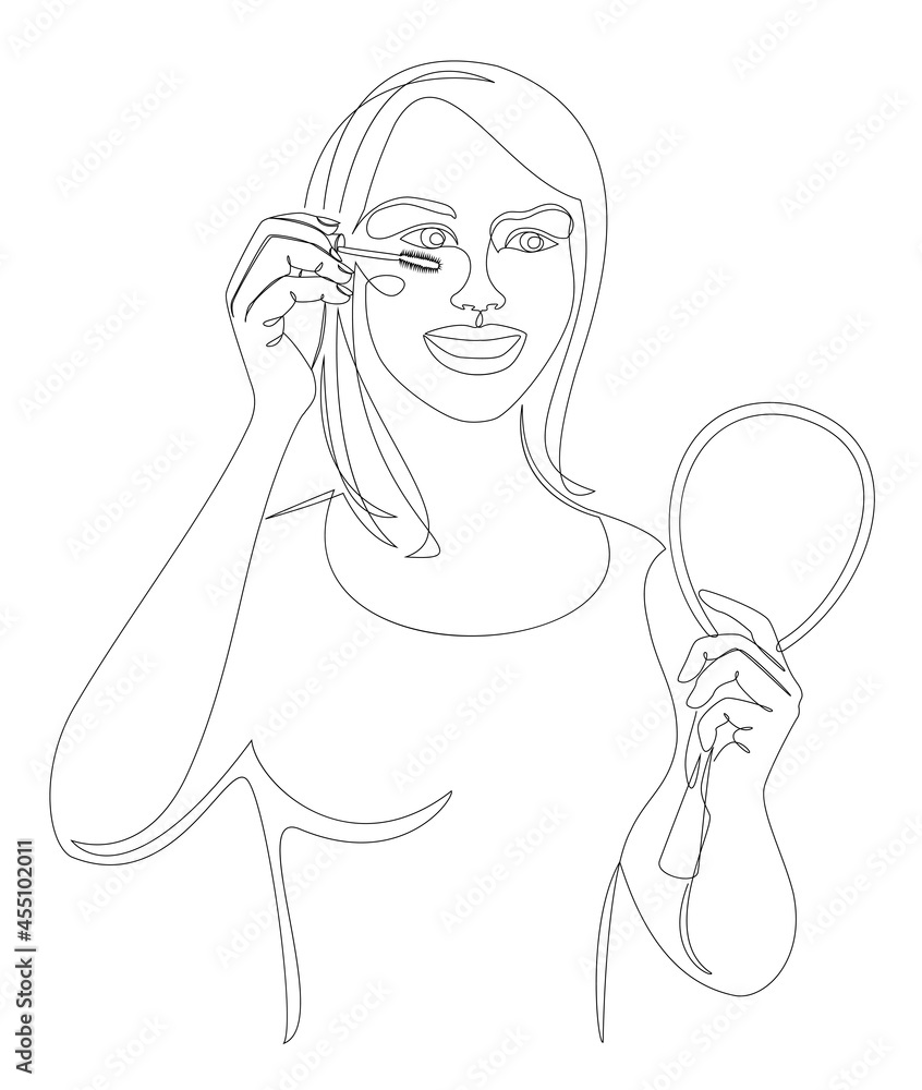 Silhouette of a lady. A woman does makeup, dyes her eyelashes in a modern style with one solid line and leaves. Sketches for decor, posters, stickers, logo. Vector illustration. Silhouette of a lady. A woman does makeup, dyes her eyelashes in a modern style with one solid line and leaves. Sketches for decor, posters, stickers, logo. Vector illustration.