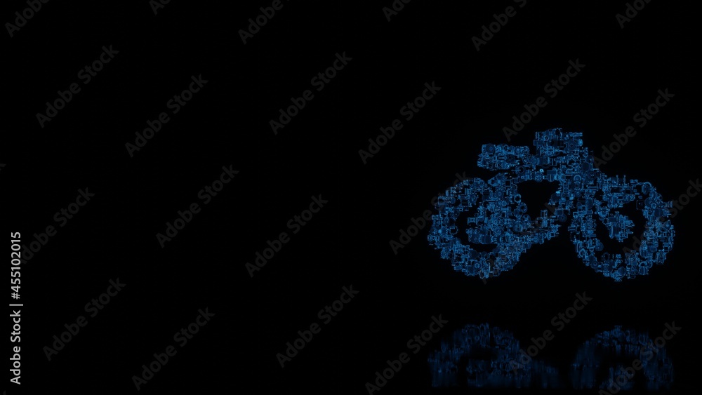 Fototapeta premium 3d rendering mechanical parts in shape of symbol of bicycle without rider isolated on black background with floor reflection