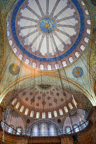 Ceiling and interior of the famous Blue Mosque in Istanbul with its ancient and colorful mosaics