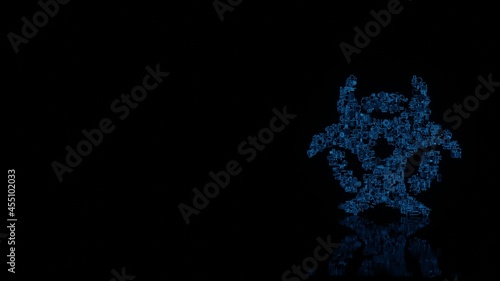 3d rendering mechanical parts in shape of symbol of biohazard isolated on black background with floor reflection