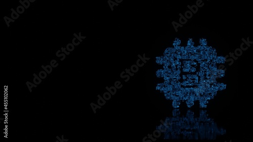 3d rendering mechanical parts in shape of symbol of bitcoin chip isolated on black background with floor reflection