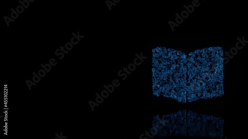 3d rendering mechanical parts in shape of symbol of book open isolated on black background with floor reflection