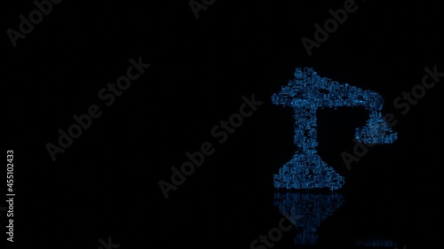3d rendering mechanical parts in shape of symbol of building crane isolated on black background with floor reflection